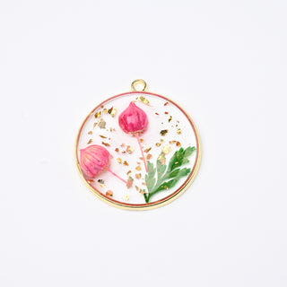 Ciondolo Rami e Boccioli Naturali Fucsia e Glitter Dorati Resinati Oro Tondo Ø 30mm - Artigianale