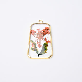 Ciondolo Rami e Fiori Naturali Rossi Resinati Oro Trapezio 30x20x18mm - Artigianale