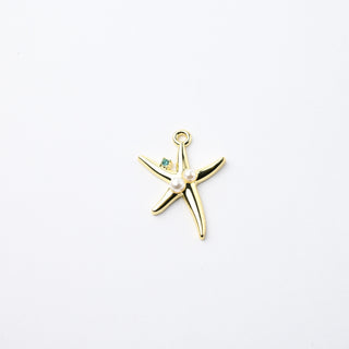 Ciondolo Petite in Ottone Stella Marina Oro con Strass Verde e Perle 23x20mm