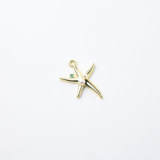 Ciondolo Petite in Ottone Stella Marina Oro con Strass Verde e Perle 23x20mm