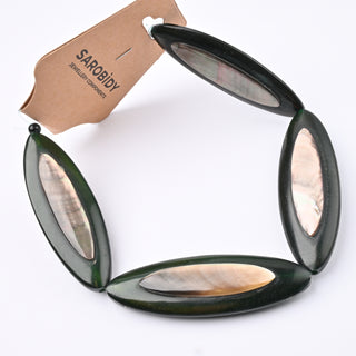 Perle in Corno Naturale con Inserto in Madreperla Navette Verde Bosco 60x20x10mm