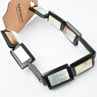 Perle in Corno Naturale con Inserto in Madreperla Rettangolari Nero e Bianco Perlaceo 28x19x7mm