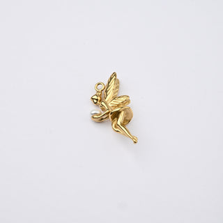 Ciondolo Fata con Perla in Acciaio Placcato Oro 14k - 28x15mm