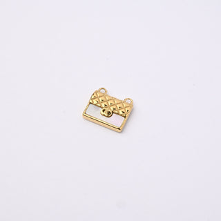 Ciondolo Borsetta in Acciaio Placcato Oro 14k e Madreperla con doppio anello - 13x10mm