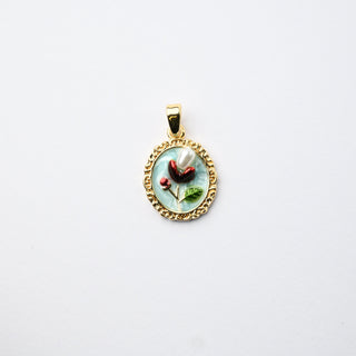 Ciondolo Cameo Floreale con Bocciolo Rosso e Bordo Ornato Ovale 15x13mm - Artigianale