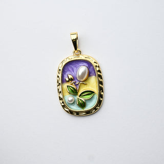 Ciondolo "Tulipano Perla" su Sfondo Viola, Crema e Azzurro Rettangolare 24x18mm - Artigianale