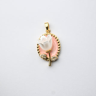 Ciondolo "Tulipano in Fiore" su Sfondo Rosa Antico Ovale 18x16mm - Artigianale