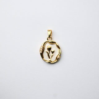 Ciondolo "Tulipano d'Oro" Minimal su Smalto Bianco Ovale 15x14mm - Artigianale
